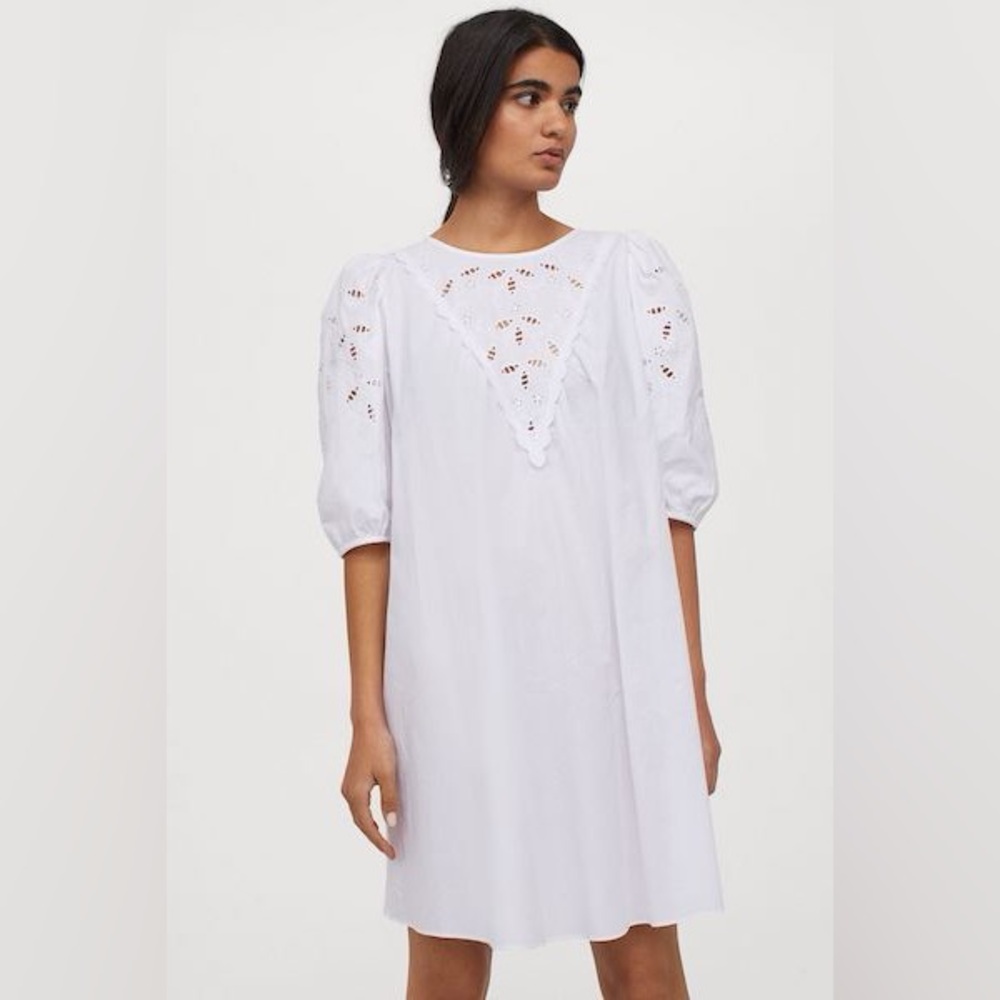 H&M White Eyelet Embroidery Puff Sleeve Dress